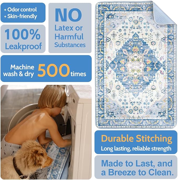 Washable Pee Pads for Dogs, 2 Pack Reusable Puppy Training Pads 60"x48" Super Absorbent Waterproof Dog Training Pads, Non-Slip Potty Pads, Whelping Pads Litter Mat Blue Medallion
