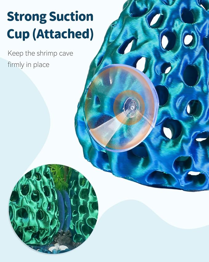 Uniclife Shrimp Cave, Shrimp Hides for Aquarium, Realistic Plastic Aquarium Coral Rock Decorations with Suction Cup, Betta Hideout Tank Accessories for Fish Tank Decor, Blue-to-Green Gradient