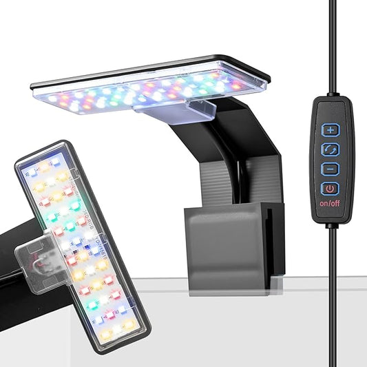 Mini Clip-On Aquarium Light 7W USB Dimmable Fish Tank Lamp with 3 Light Modes (Full Spectrum/White/RGB), 9-Level Brightness, Compact LED Light for 1–3 Gallon Aquariums (Adapter Not Included)