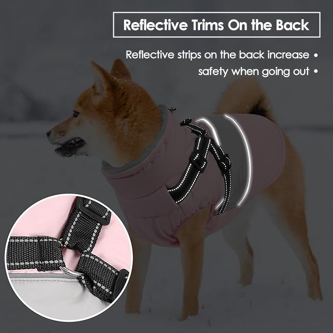 Dog Coat, XXL Dog Jacket Winter with Harness Built in, Waterproof Pet Snow Jacket with Furry Collar for Chilly Day, Reflective Fleece Snowsuit for Extra Large Dogs, Pink 2XL