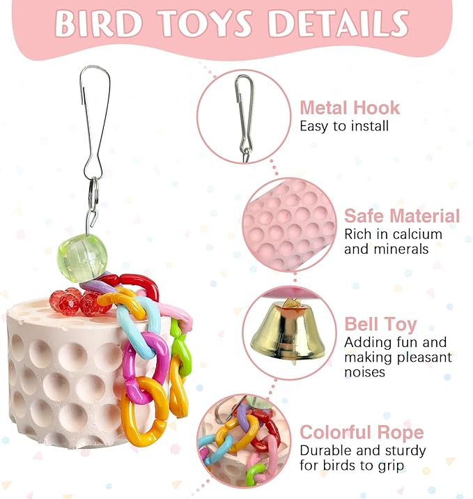 PINVNBY Bird Chewing Toys 2Pcs Bird Beak Grinding Stone Lava Calcium Block with Bell Hanging Parrot Chewing Toy Cage Accessories for Parakeets Conures Cockatiels Budgies Lovebirds