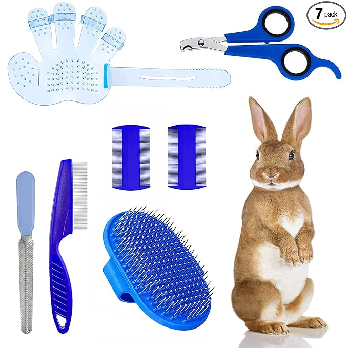 7-Piece Small Pet Grooming Kit with Brush, Nail Clippers, and Adjustable Strap for Rabbits, Hamsters, Guinea Pigs (Blue)