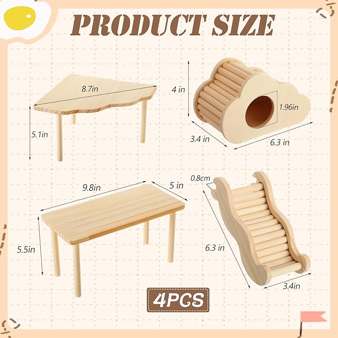 BreezeHug 4 Pcs Hamster Platform Hideout Wooden Tunnel Ladder Playhouse Hamster Game Climbing Toy with Platform Cage Accessories for Pets Dwarf Syrian Mice Degus Gerbils Squirrel(Cloud)