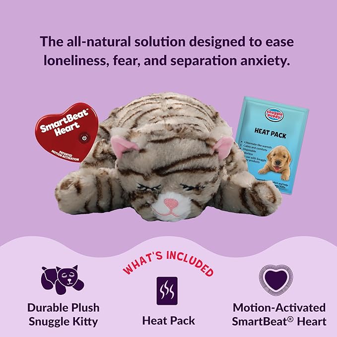 Snuggle Kitty Heartbeat Cat Toy for Kittens and Cats with Real-Feel Pulse and Heat Pack, Calming Sleep Aid for Cat Anxiety, New Kitten Essentials - Tan Tiger