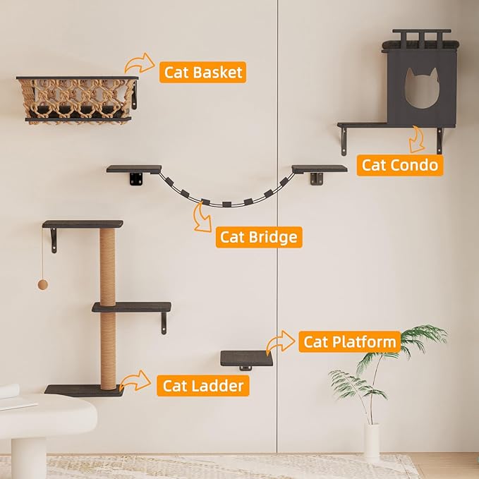 5-in-1 Cat Wall Shelves Set with Hammock, Wall-Mounted Cat Furniture Includes Condo, Bridge, Ladder & Steps for Indoor Cats, Safe & Stable (Dark Gray)