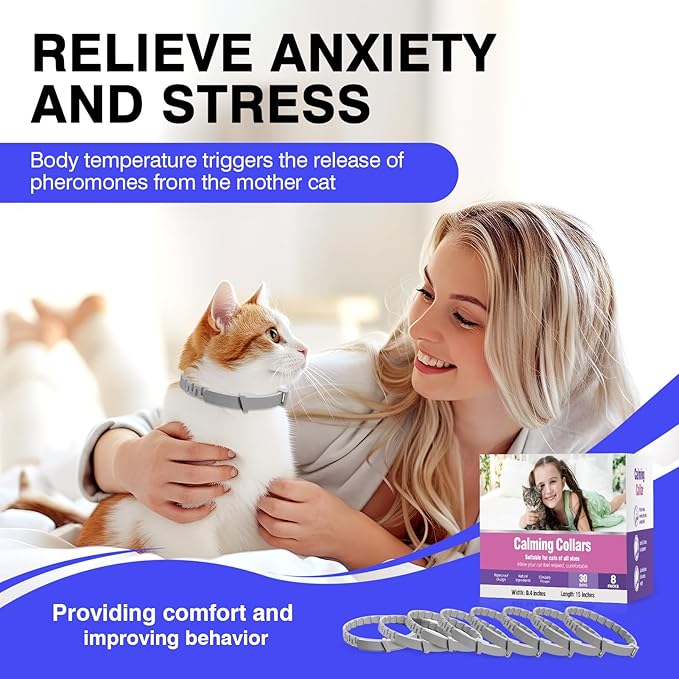 Calming Collar for Cats 8 PK Cat Stress and Anxiety Relief Pheromone Collar for Cats Anti Aggression for Cats Cat Meowing Stopper Cat Calming Collars for 30 Days Adjustable Waterproof Rapid Effect
