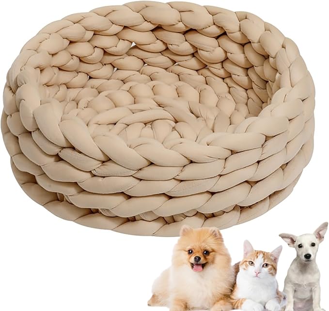 Woven Dog Bed Basket, Knitted Cotton Cat Bed Round Washable Woven Cat Pet Bed Chunky Dog Basket, Orthopedic, Chunky Knit Dog Nest,Dog Bed,Dog Cave,Dog Bedding(Khaki,23")