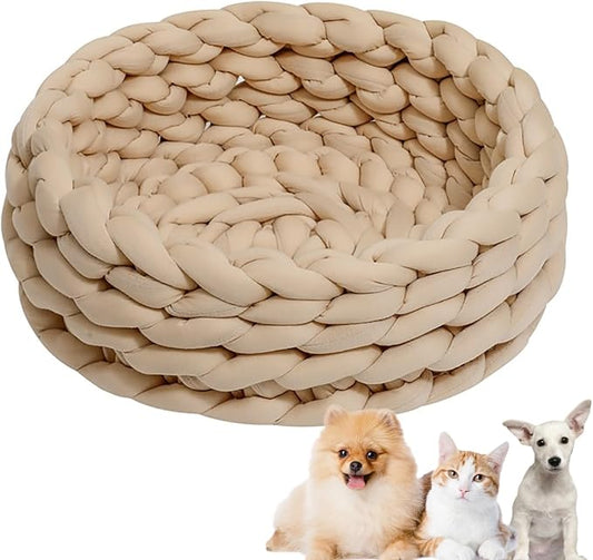 Woven Dog Bed Basket, Knitted Cotton Cat Bed Round Washable Woven Cat Pet Bed Chunky Dog Basket, Orthopedic, Chunky Knit Dog Nest,Dog Bed,Dog Cave,Dog Bedding(Khaki,19")