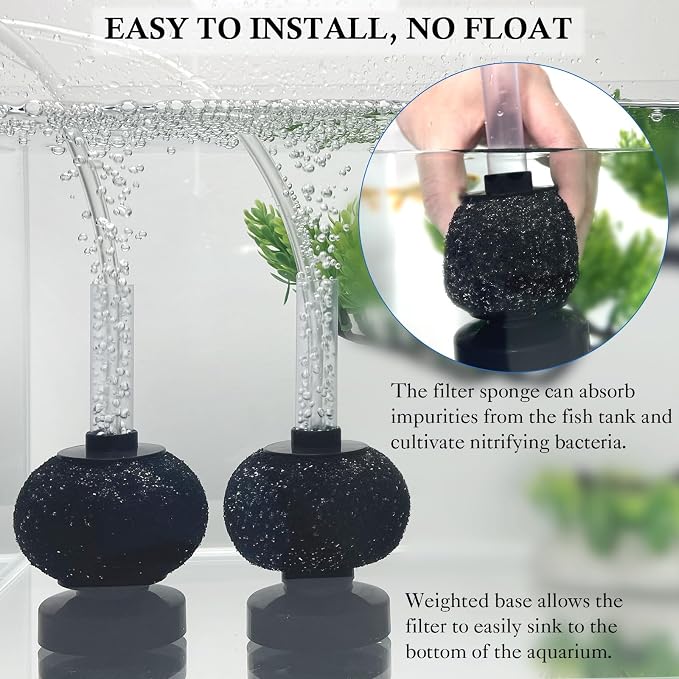 HITOP 2 Pack Aquarium Bio Sponge Filter: Diameter 2.5in Mini Air-Powered Fish Tank Filter, Quiet Small Sponge Filter for up to 15gallon Fish Tank, Betta Tank, Shrimp Tank, Fry Tank, Breeding