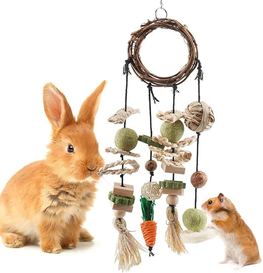 Bissap Bunny Chew Toy, Rabbits Cage Hanging Chew Toys and Treats Grapevine Wreaths Rattan Ring with Snacks for Guinea Pigs Chinchillas Hamsters Rats and Other Small Pets Teeth Grinding