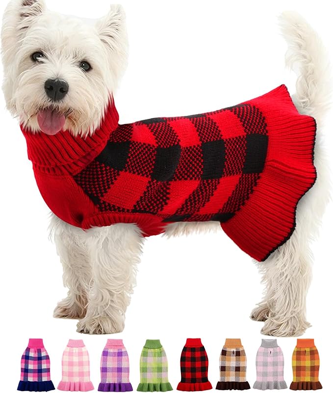 Dog Sweater Dress Plaid Knitwear for Small Medium Dogs Warm Puppy Pet Turtleneck Stretch Pullover Cute Fall Winter Vest Clothes with Leash Hole for Christmas (Red, 2XL)