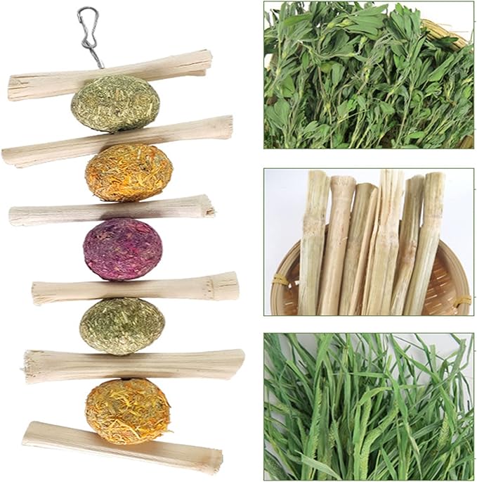 Bunny & Guinea Pig Toys - Rabbit & Hamster Accessories - Natural Timothy Biscuit Hay Sticks & Apple Wood Sticks for Teeth - Chinchilla & Rat Molar Chews