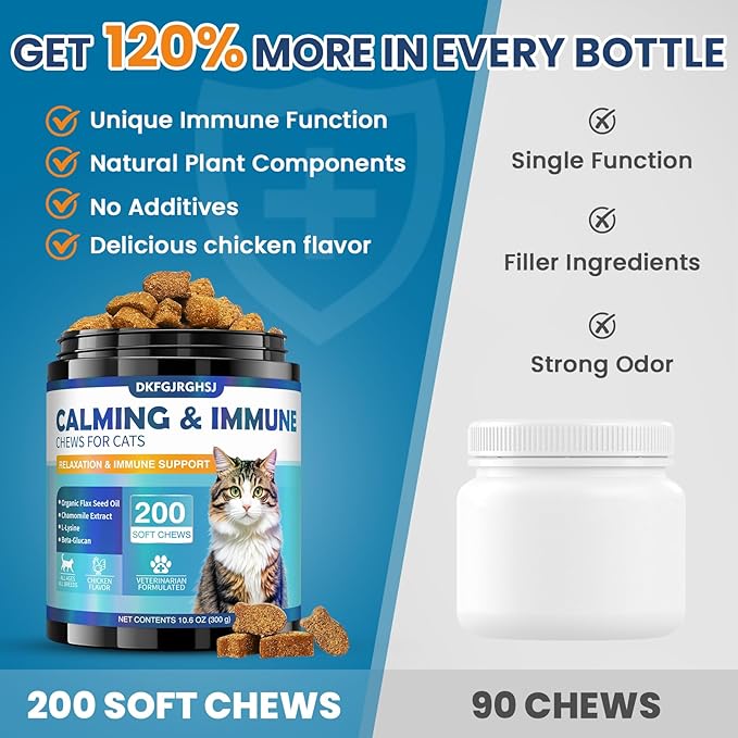 Cat Calming Treats, 200 Calm Soft Chews to Soothe Stressed Cats Anxiety Relief Reduce Stress & Promote Relaxation Immune Support Chicken Flavored