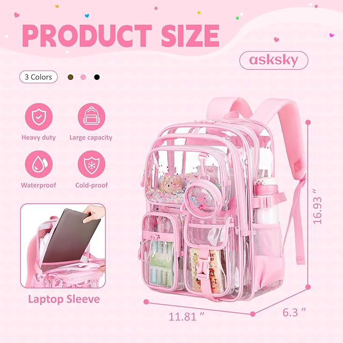 Clear Backpack for Girls School Clear Bookbag Stadium Events Heavy Duty Transparent Back Pack, Pink