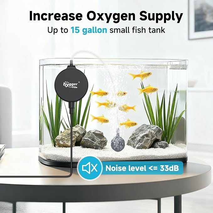 hygger 1.5 Watt Mini Aquarium Air Pump, Quiet Aerator with Air Stone Tubing Suction Cup Clip, Small Fish Tank Bubbler Oxygen Pump for 1 to 15 Gallon Betta Tank, Fish Bowl, Desk Small Tank