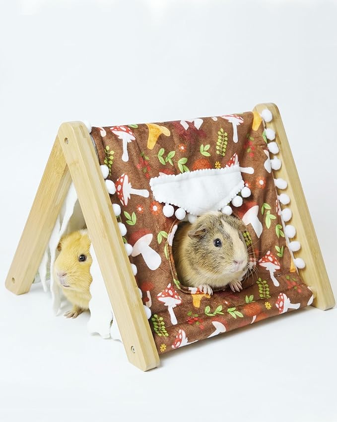 Guinea Pig Hideout, Sturdy Bamboo Small Animal House with Window, Rabbit Bunny Tunnel, Easy to Assemble for Hamsters Bunny Rat Chinchillas Playing Hiding, Guinea Pig Cage Accessories, Mushroom