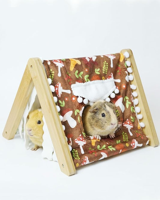 Guinea Pig Hideout, Sturdy Bamboo Small Animal House with Window, Rabbit Bunny Tunnel, Easy to Assemble for Hamsters Bunny Rat Chinchillas Playing Hiding, Guinea Pig Cage Accessories, Mushroom