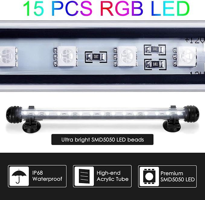 GreenSun LED Aquarium Light, Fish Tank Light with Remote Control, IP68 Submersible Waterproof Strip Bar Light,RGB Color Changing, 3.8 Watts 11inch/28cm