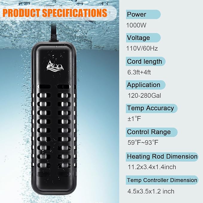 AQQA Aquarium Heater, 1000W Fish Tank Heater Submersible Betta Fish Heater for Aquarium Thermostat Pond Heater for Freshwater and Saltwater (1000W for 120-280 Gallon Tank)