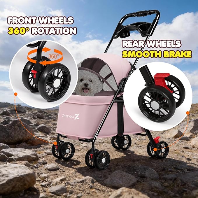 Dog Stroller, 4 Wheels Pet Stroller for Small Dogs & Cats, One-Click Foldable Cat Strollers Up to 33 Ibs with Sun Shades, Cup Holder and Breathable Mesh, Easy Assembly