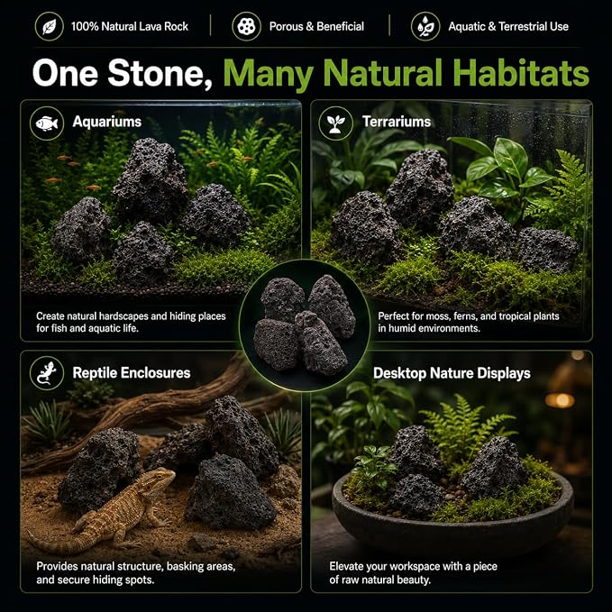 4–8 Inches Natural Black Lava Rocks, 4 PCS Medium Aquarium Stones for Aquascaping, Fish Tank Hardscape, Planted Tanks, Terrariums & Reptile Decor (Medium 4–8 in)