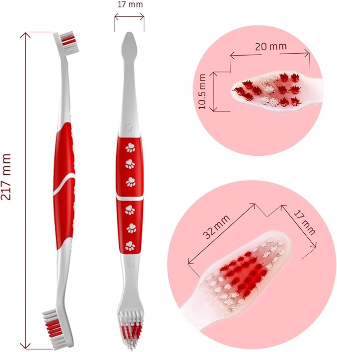 Pet Toothbrush for Dogs, Cats with Soft Bristles - Easy Teeth Cleaning & Dental Care, Non Slip Dual Head Dog Toothbrush for Medium & Large Pets, Toothpaste Not Included (Pack of 2(Red))