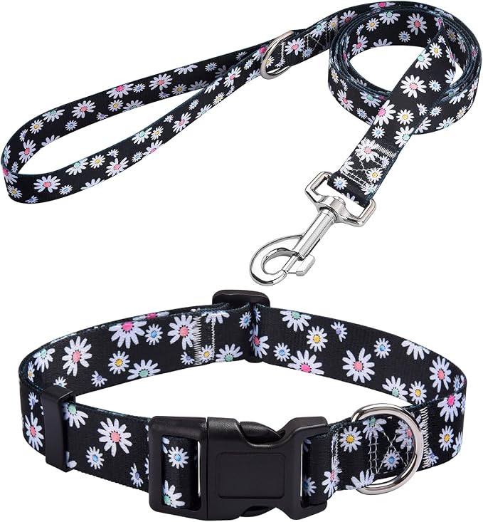 MarukoPet Dog Collar and Leash Set, Adjustable for Small Medium Large Dogs Puppy, Cute Design with Bohemia Floral Tribal Geometric Patterns Boys Girls Dog Collar(Black Daisy Set,XS)
