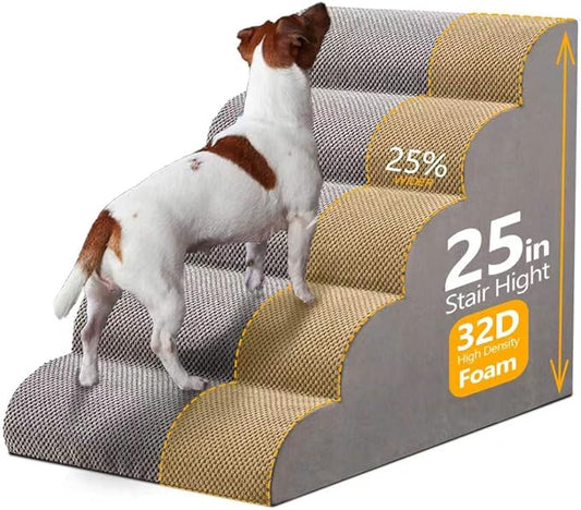 25" H Dog Stairs for Small and Medium Dogs 5-Step Ramps for High Beds and Couch Non-Slip Extra Wide Pet Stairs for Old Dogs and Puppy and Cat - Stable & Durable with Machine Washable Cover Indoor
