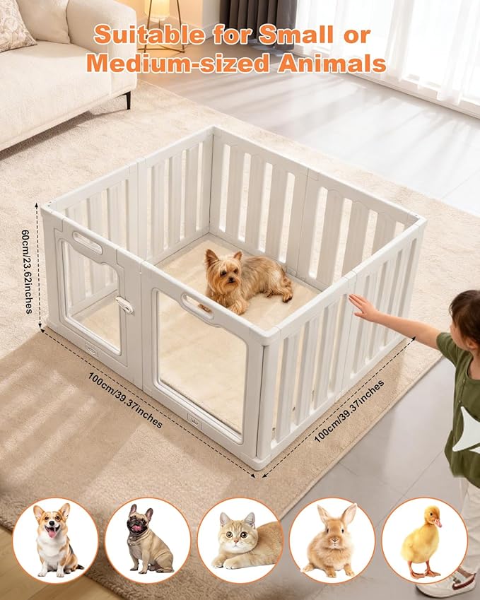 Acrylic Indoor Dog Playpen with Heavy Duty Door Lock,24" H 8 Panels DIY Puppy Playpen Pet Play Pen for Small Animal, Easy Assemble and Clean Plastic Pet Fence,White