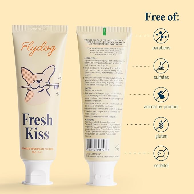 FlyDog Fresh Kiss Dog Tooth Brushing Kit - Vet Approved Formula, Enzymatic Dog Toothpaste and Brush - Breath Freshener & Tartar Remover, 360° Toothbrush & Finger Brush, Dental Guide, Coconut Flavor