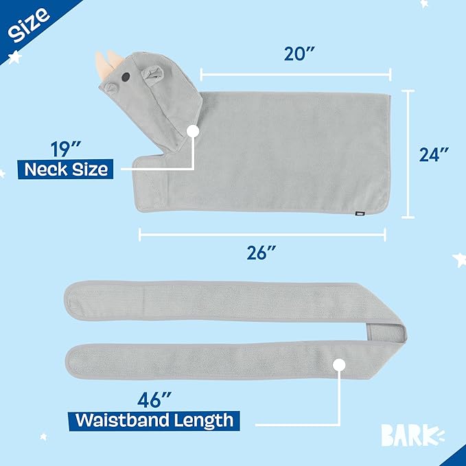 Barkbox Dog Bathrobe Fast Drying with Hook and Loop Closure & Wrap Tie Snuggle, Cute Dogs Clothes, Easy to Clean, Machine Washable, Dog Coats and Tumble Dry Low - Rhino, Medium