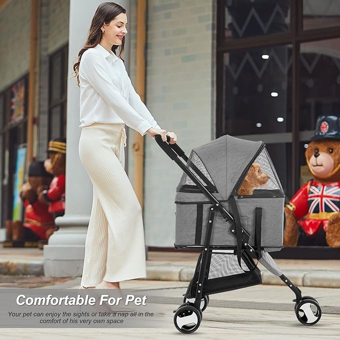 BestPet 3-Wheels Pet Stroller - Dog & Cat Premium 3-in-1 Multifunction Detachable Carrier Lightweight Folding Travel Stroller, Grey