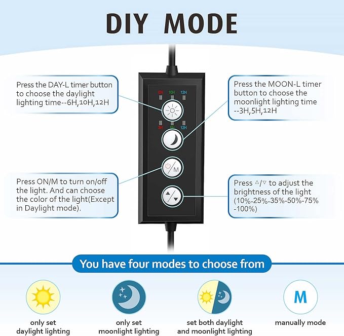 hygger Clip On Full Spectrum Aquarium LED Light, 22W Day-Night Dual Timer Sunrise-Day-Sunset-Moon Fish Tank Light, Adjustable Timer Brightness with 9 Colors for Planted Tank