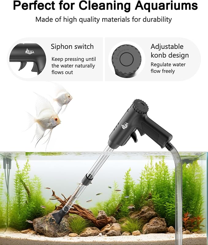 AQQA 4-in-1 Aquarium Gravel Cleaner, Adjustable Flow Fish Tank Vacuum | Multi-use for Water Changing, Gravel Sand Cleaning, Dirty Sucking, Ergonomic Design for Daily Fish Tank Maintenance