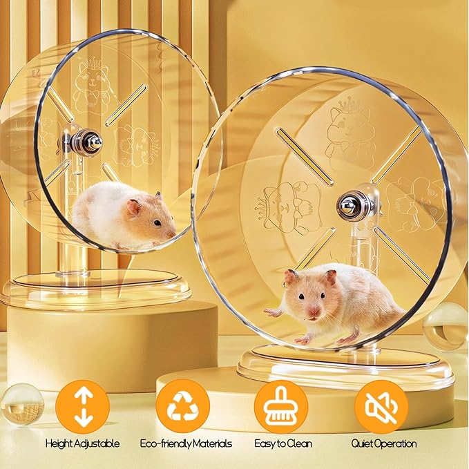 Silent Hamster Exercise Wheel,9.5 Inch Quiet Spinner Syrian Hamster Running Wheel,Silent Wheels with Anti-Skid & Adjustable Stand for Gerbils, Rats, or Other Small Pets,Transparent