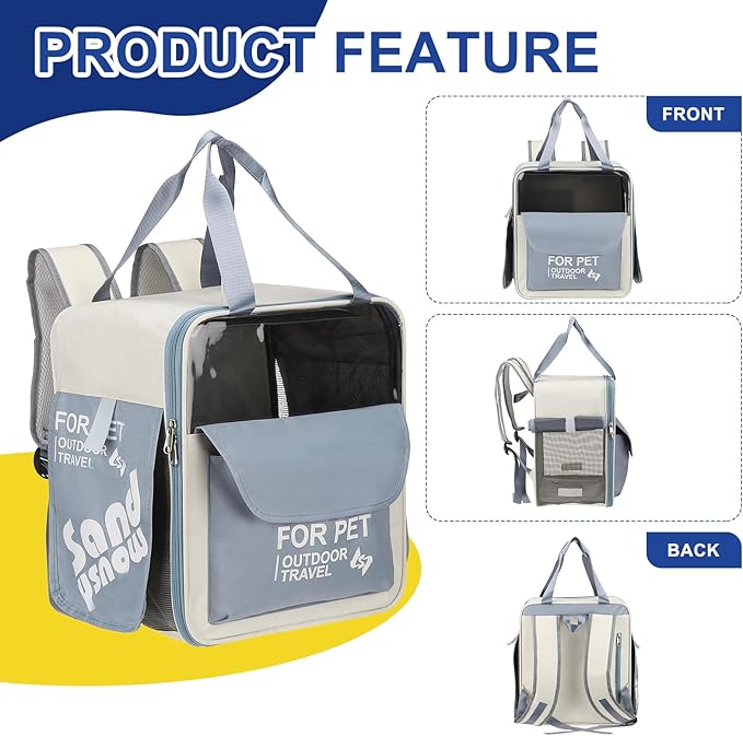 Pet Backpack Carrier, Portable and Ventilated, Oxford Cloth, Dogs Cats and Small Animals Travel Bag 12.6" Up to 16.5 Lbs, (Blue), Intended for Hiking/Camping/Traveling