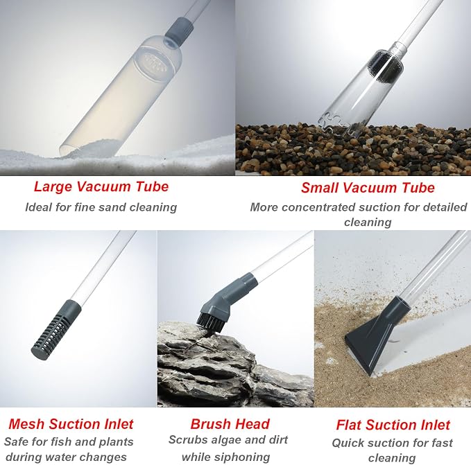 Aquarium Siphon Vacuum Kit with Turkey Baster, Fish Net for Tank Cleaning | Dual Vacuum Tubes; Brush Head; Gravel & Sand Cleaning; Water Change; Debris Removal; Flow Control Valve