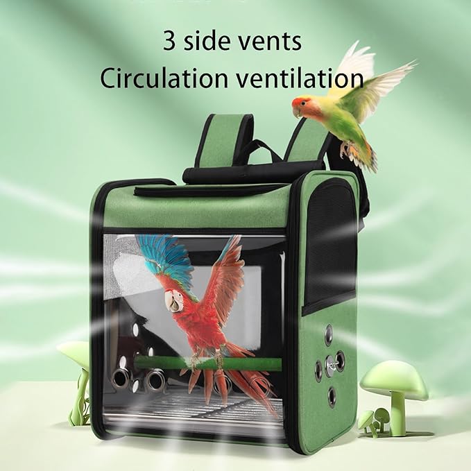 Bird Stroller Bird Backpack Carrier with Perch 14 * 11 * 16in Panoramic View with 3 Side Vents Removable Tray for Conures Parakeet Budgie (Green)