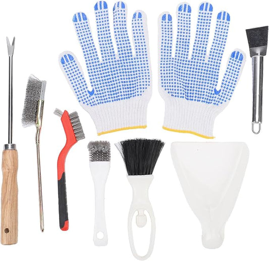 Luqeeg 7Pcs Bird Cage Cleaning Tools Set, Fork Brush Scraper Broom Dustpan Gloves Kit, Stainless Steel Bird Droppings Scraper Tool for Parakeet Items Small Animal Cage Cleaning