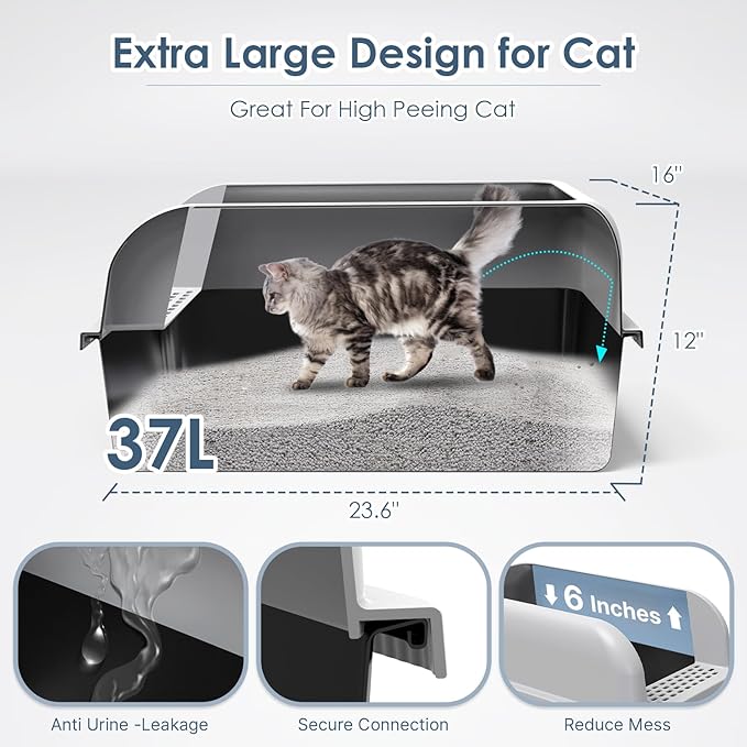 Suzzipaws Non-Sticky Coated Stainless Steel Cat Litter Box with Lid Extra Large Litter Box for Big Cats XL Metal Litter Pan Tray with High Wall Sides Enclosure, Anti-Leakage, Easy Cleaning