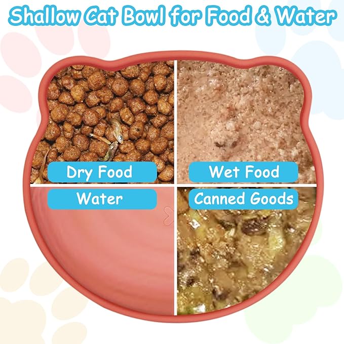 Silicone Cat Food Bowl Suction Cup Cat Dish 7" Shallow Cats Food & Water Bowls Set of 2 Non-Slip Kitty Plates Relief Whisker Fatigue Puppy Feeding Bowl for Dry & Wet Food (Blue)