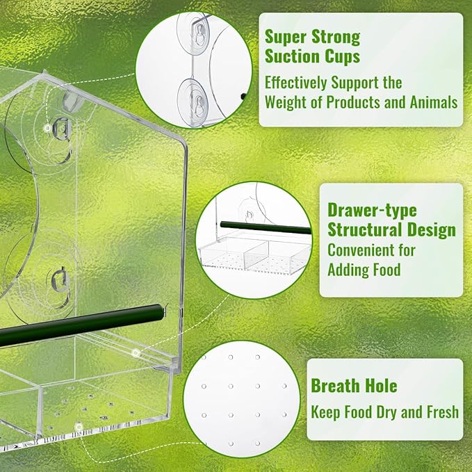 Window Bird Feeder - 4 Strong 2.36" Suction Cups - Clear Acrylic Birdhouse for Outdoors, Removable Tray, Birdwatching Gift for Parents