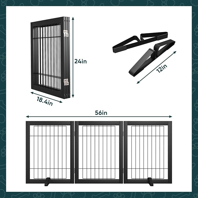 Semiocthome Freestanding Dog Gates and Barriers Indoor Pet Gates for Doorways and Stairs 24"H- 3 Panels Puppy Gate with 2 Metals Stands Adjustable Safety Fence Wire Dog Gate with Bamboo Frame - Black