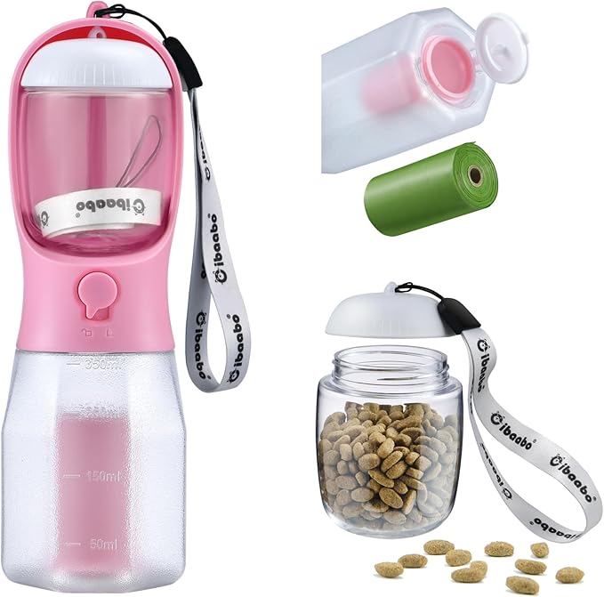 Cibaabo Dog Water Bottle with Food Container & Poop Bag Holder, Travel Water Bowl, Portable Pet Dispenser, Girl Dog Mom Gifts Accessories Stuff Essentials Gift for Yorkie Chihuahua Walking Hiking