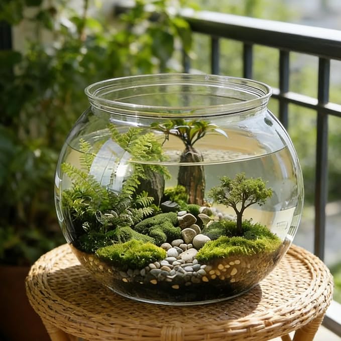 Plastic Goldfish Fish Bowl Drum Clear Aquarium Starter Kits | High Transparent Round Acrylic Fish Tank with 1 Artificial Aquatic Plant and 1 Bag Mini Ornamental Stones, 0.72Gallon/ 2.75L