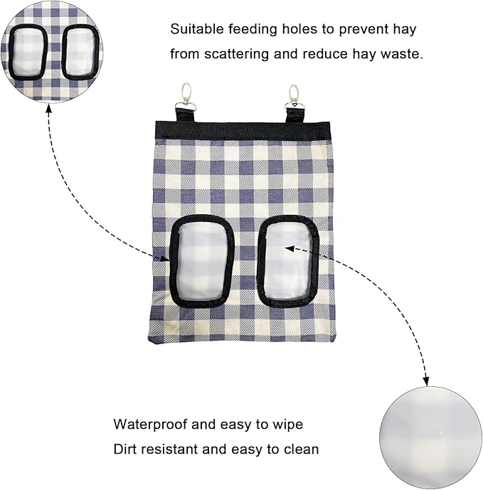 Rabbit Hay Feeder Bag, Large Capacity Rabbit Hay Bag Small Animal Hanging Hay Bag 600D Oxford Cloth Bunny Hay Feeder Bag for Rabbits Guinea Pigs Chinchillas (Plaid-2 Holes-2Pcs)