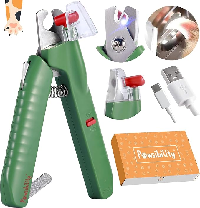 Pawsibility - Reinvented Pet Nail Clippers for Your Pal - [USB Rechargeable] - LED Light for Bloodline | Razor Sharp and Durable Blade | Vets Recommended Trimming Tool for Dogs and Cats - Green