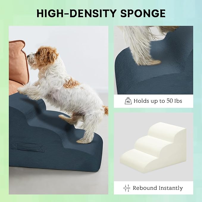 Mesa Lemon Dog Steps for Small Dogs, 3-Step Pet Ramp Stairs for High Beds and Sofa, Non-Slip Pet Stairs for Small Dogs and Cats, Removable and Easy to Clean Cover, Navy