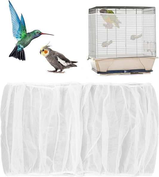 Seed Catcher for Bird Cage, Adjustable Bird Cage Seed Catcher, Stretchy Mesh Seeds Catchers for Birds Cages, White Parrot Enclosure Cover, Easy to Install & Clean