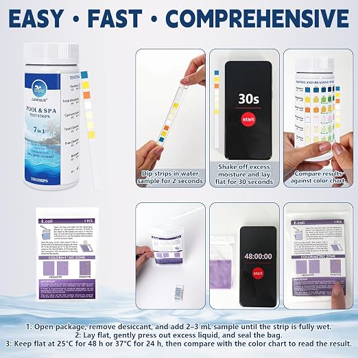 8-in-1 Pool Test Strips, 151 Strips Spa and Hot Tub Water Testing Kit, Pool Water Test Kit for Free Chlorine, Total Chlorine, Bromine, pH, Alkalinity, Hardness, Cyanuric Acid